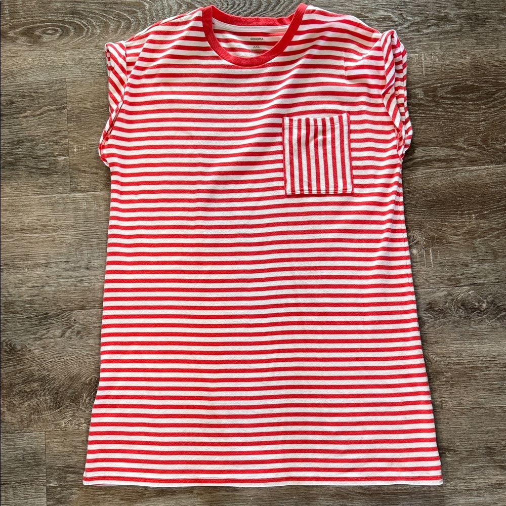 Sonoma Red and White Striped Midi Dress with Chest Pocket